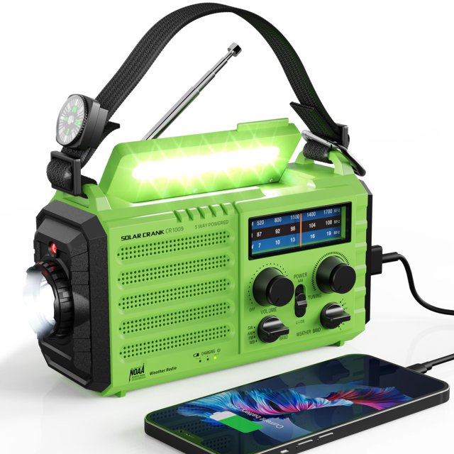 Radio meteorológica Raynic, 5000 mAh, manivela solar de emergencia, verde