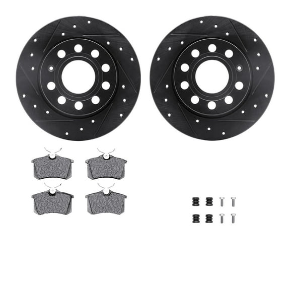Dynamic Friction Company Rear Brake Rotors-Drilled and Slotted-Black with 5000 Euro Ceramic Brake Pads includes Hardware 8612-74044