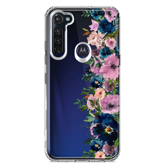 MUNDAZE Motorola Moto G Stylus Shockproof Clear Hybrid Protective Phone Case Navy Blue Summer Watercolor Floral Purple Flowers Cover