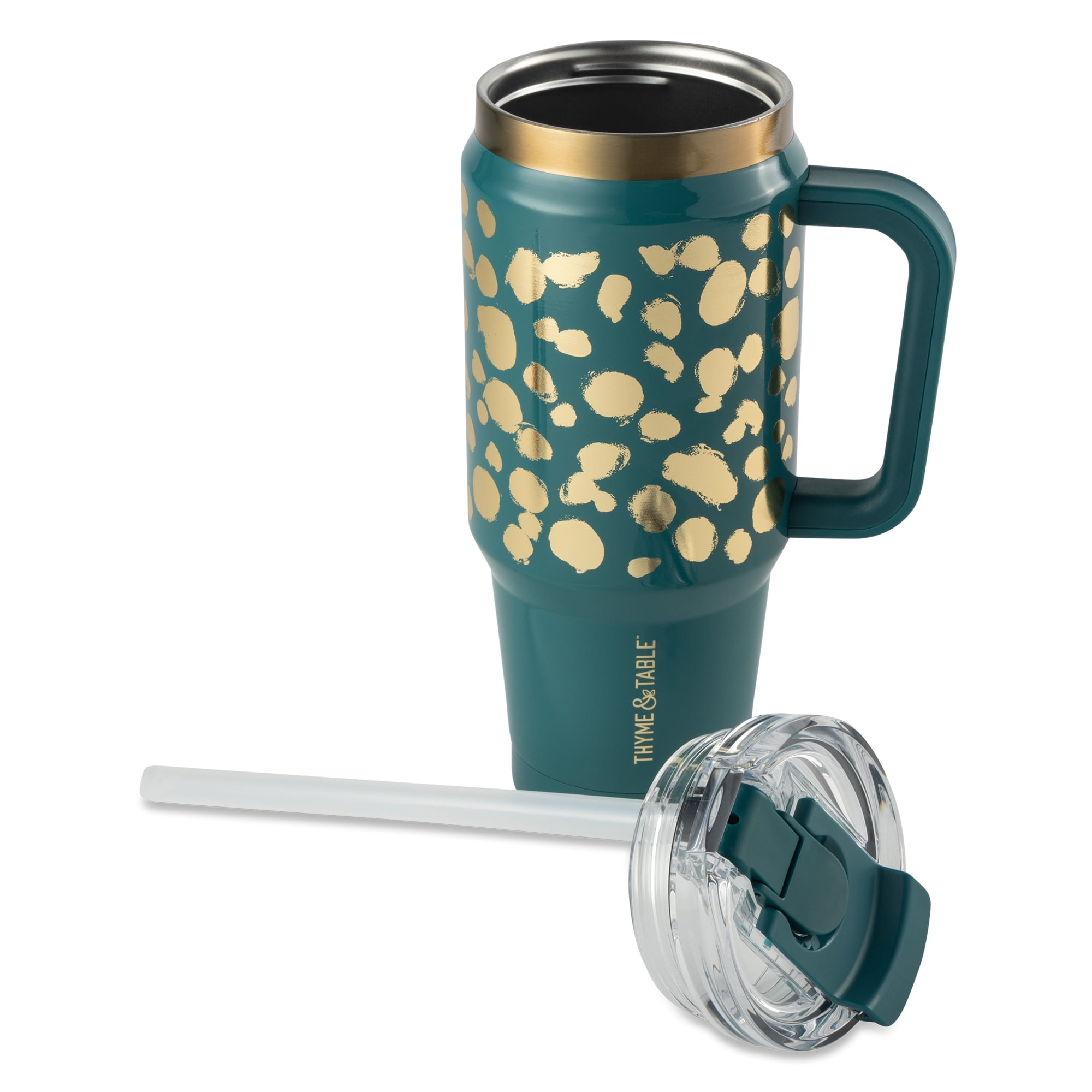 Thyme & Table Luna 32 fl oz Stainless Steel Tumbler with Handle and 2-in-1 Lid, Teal & Gold Dot