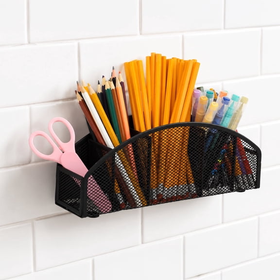 5-Slot Marker Organizer with Self-Adhesive Pad for Whiteboard, Large-capacity Metal-Gripping Mesh Metal Pencil Holder for Office, Black