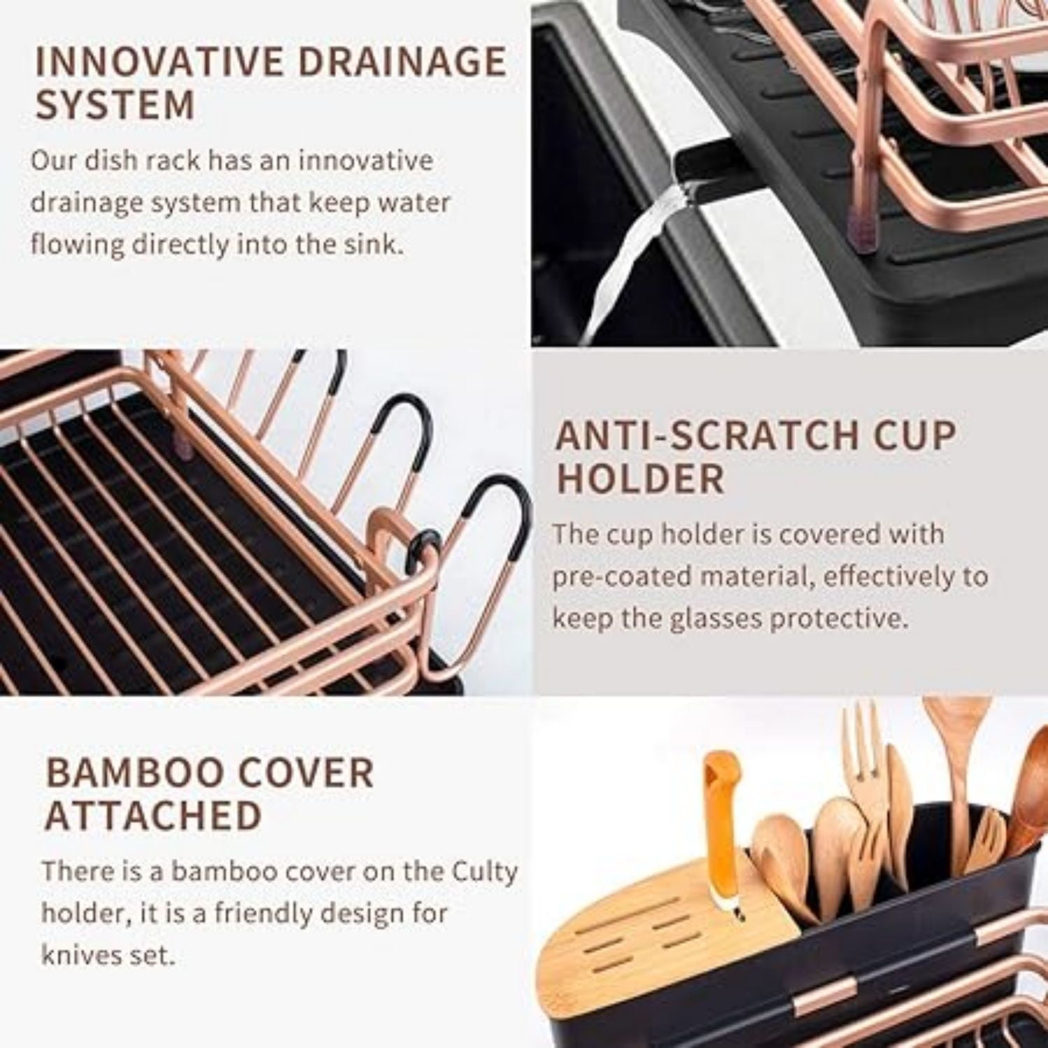 Aluminum Dish Drying Rack, Dish Racks for Kitchen Counter, Dish Drainer with Removable Cutlery Holder & Cup Holder, Unique 360° Swivel Spout Drainboard, 16.5" L x 11.8" W, Golden
