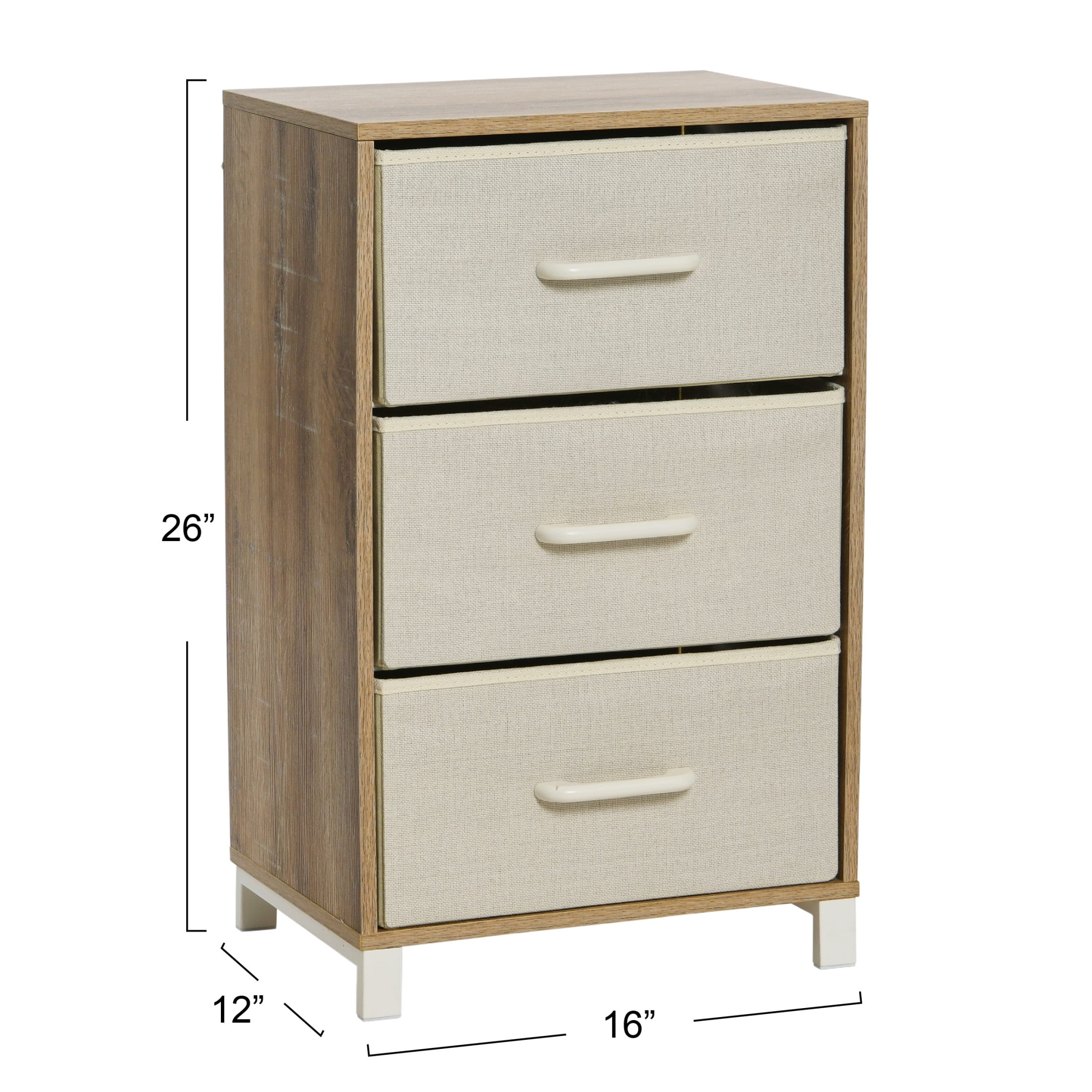 Household Essentials Dresser Nightstand Chest of Drawers Coastal Oak Rustic Wood Grain with 3 Beige Strorage Drawers