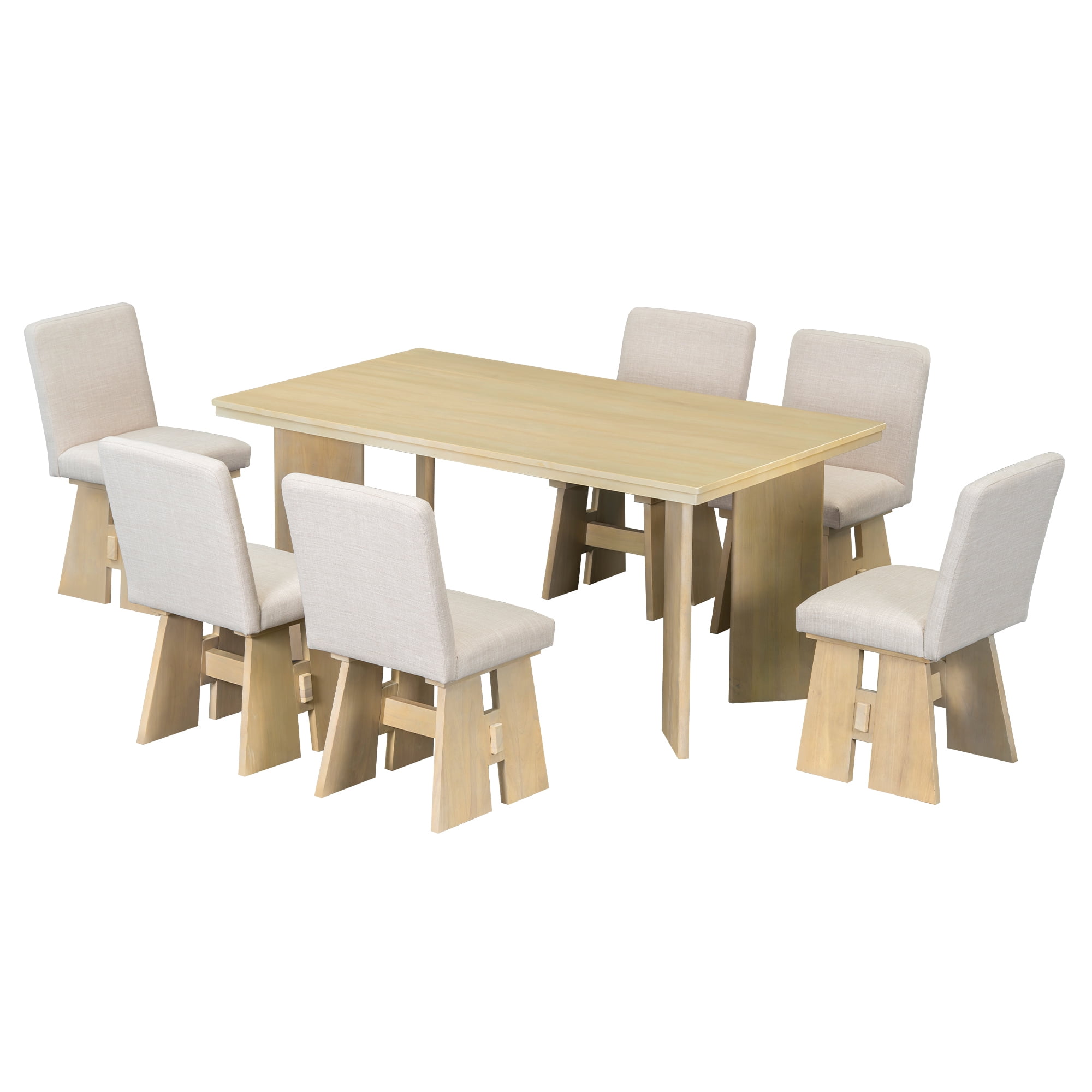 Euroco 7-Piece Dining Table Set for 6, 63.4" Wood Kitchen Table Set with Wood Frame and 6 Upholstered Dining Chairs,Kitchen Table Chairs Set for Dining Room Apartment,Natural