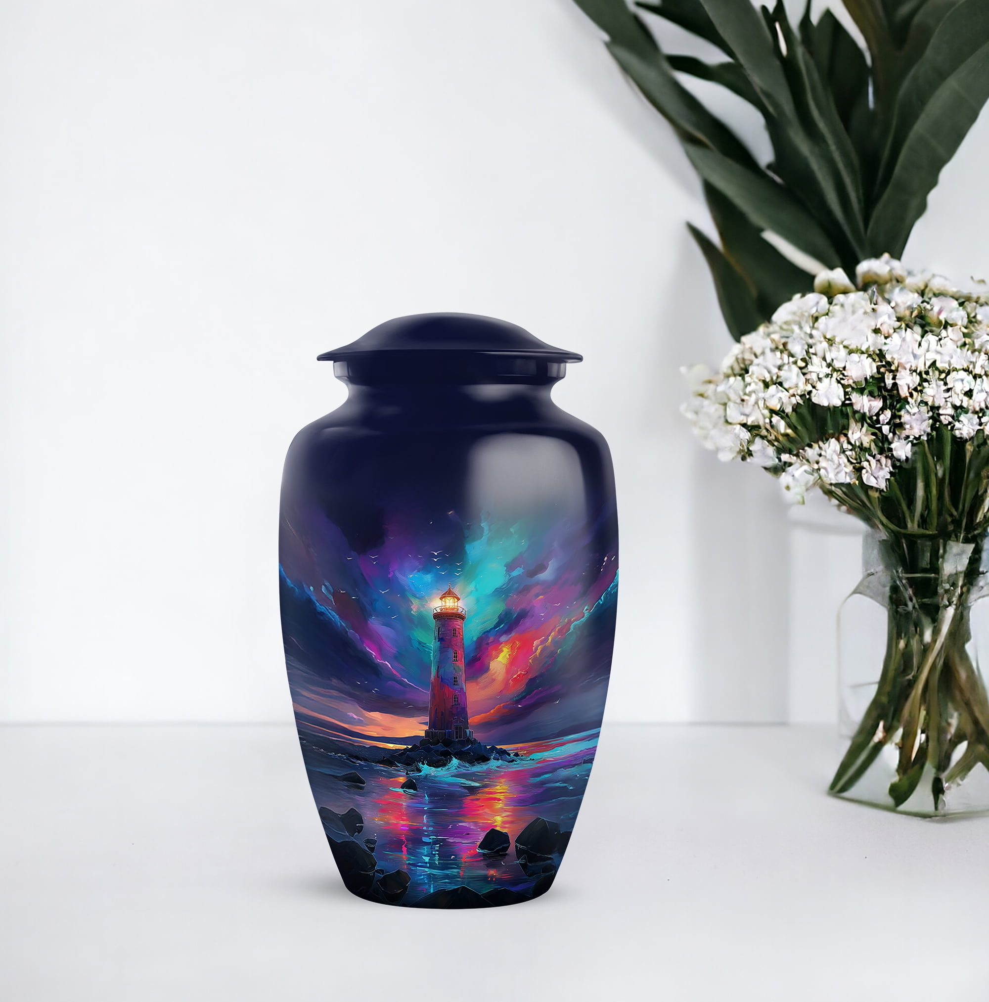 Lighthouse Memorial Urn For Keepsake Large, Blue Keepsake Urns For Human Ashes For Female, Purple Little Cremation Urns For Mom And Dad, 1 Large With Set Of 4 Mini Urn For Sister ,combo 10&3 Inch