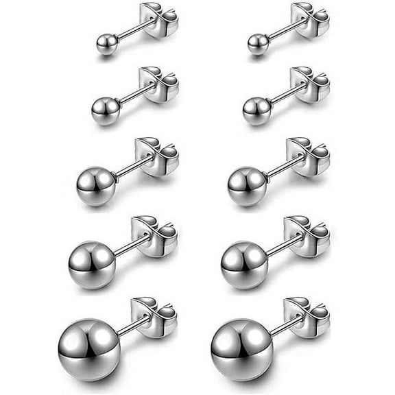 Knubmt 5 Pairs 3mm-7mm Round Ball Studs Earrings 316L Stainless Steel Ball Earrings Studs Set for Women Men, Silver