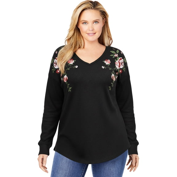 Woman Within Plus Size Waffle Thermal V-Neck Tee
