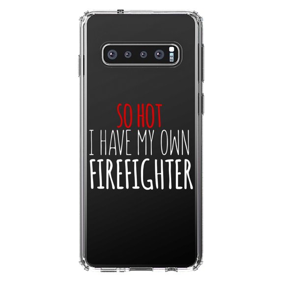 DistinctInk Clear Shockproof Hybrid Case for Samsung Galaxy S10  PLUS (6.4" Screen) - TPU Bumper Acrylic Back Tempered Glass Screen Protector - So Hot I Have My Own Firefighter
