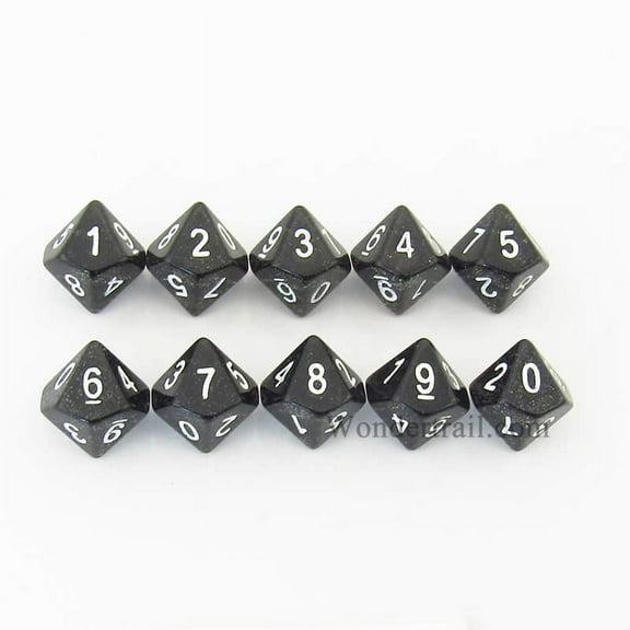 Black Glitter Dice with White Numbers D10 16mm (5/8in) Pack of 10 Koplow Games
