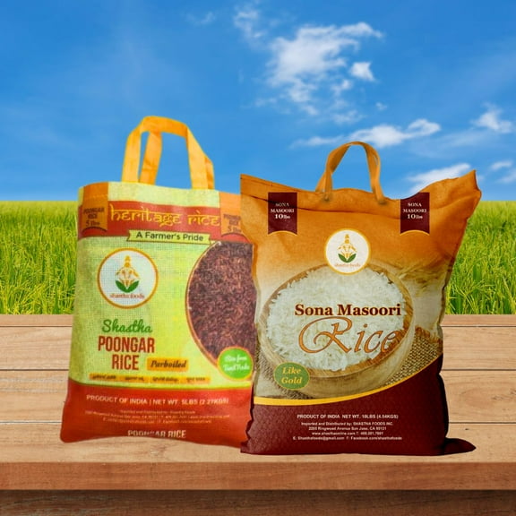 Shastha Traditional Sona Masoori Rice 10lbs Poongar Rice 10lbs / White Rice - Pack of 2 , 10 lbs
