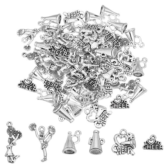 72Pcs 6 Style Cheerleading Series Alloy Pendants Antique Silver Charms Mixed Shapes 10.5~27.5x13.5~20x2~7.5mm Hole: 1.2~2mm 12pcs/style