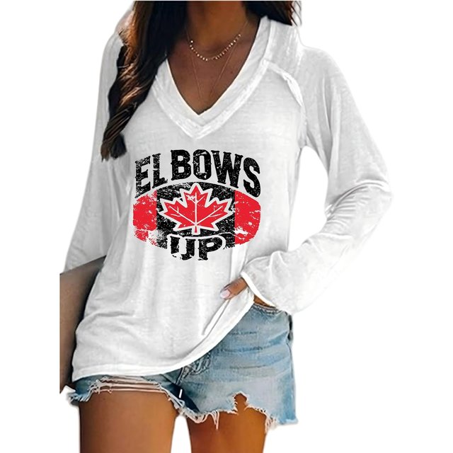 MHFRRA Camiseta Informal de Manga Larga con Cuello En V y Estampado Canadiense para Mujer Blanco