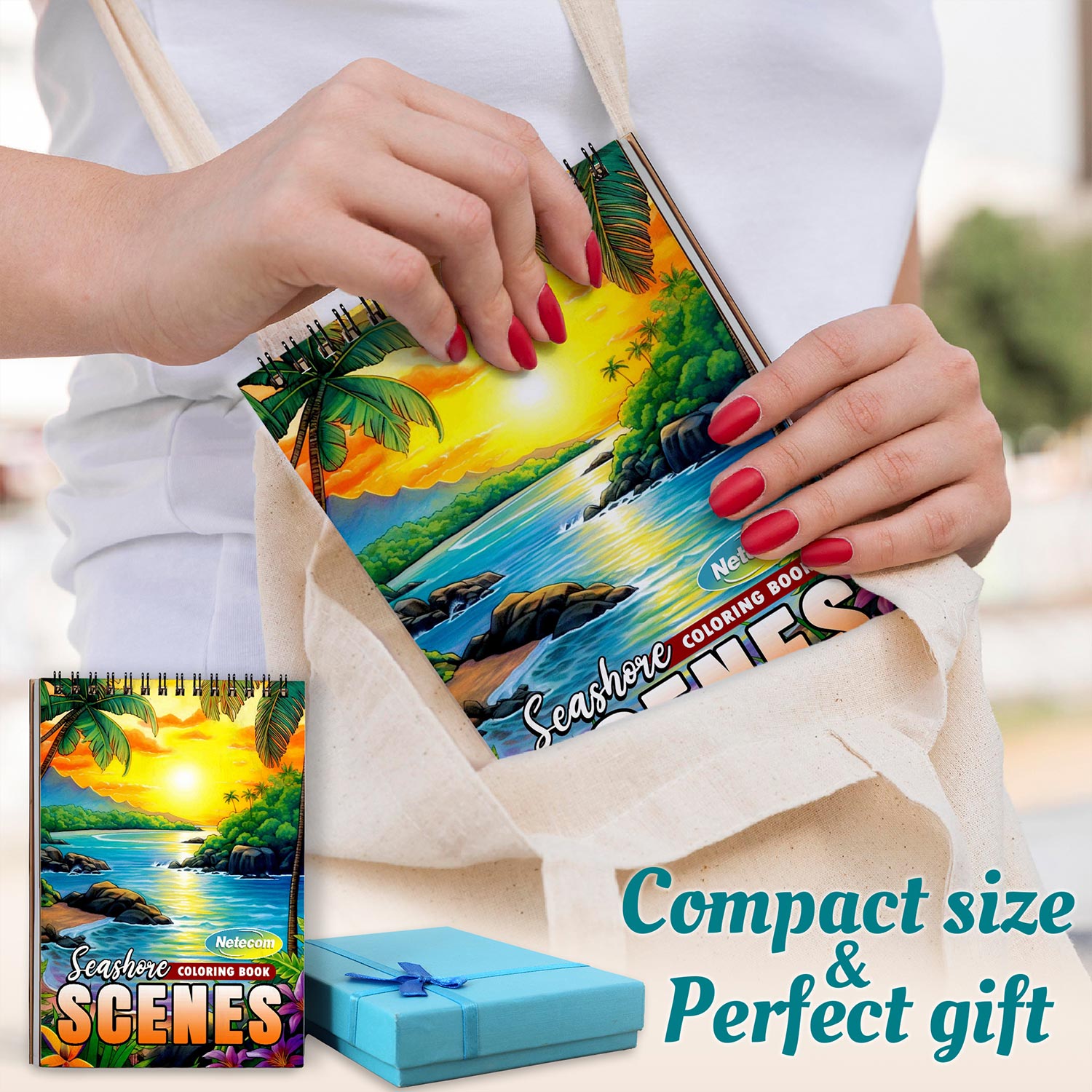Netecom Seashore Scenes Coloring Book Spiral Bound for Adults, A5 Wooden Cover, 30 Charming Coloring Pages of Sea Landscapes for Stress Relief and Relaxation
