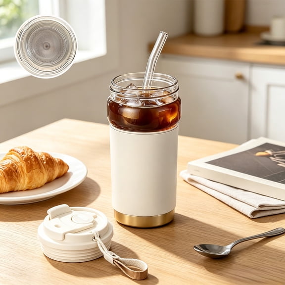 14 oz Drink Coffee Cup, High Borosilicate Glass Straw Tumbler with Stainless Steel Inner for Office or Travel