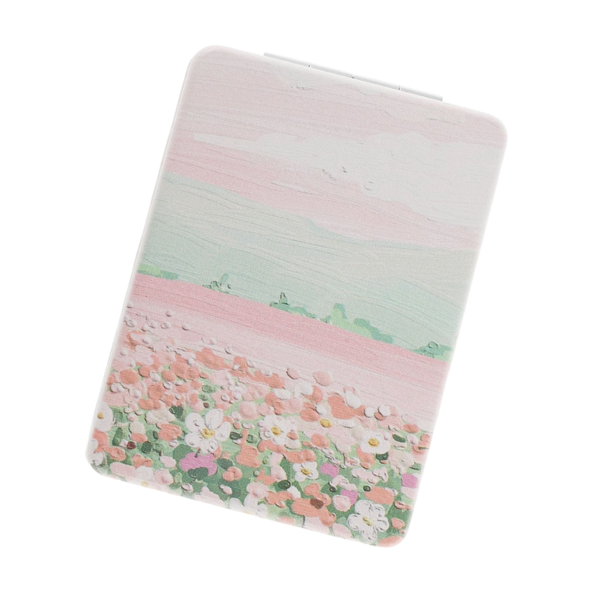 Unique Bargains 1 Pc Rectangular Hand-drawn Makeup Mirror for Travel Vacation Green Pink