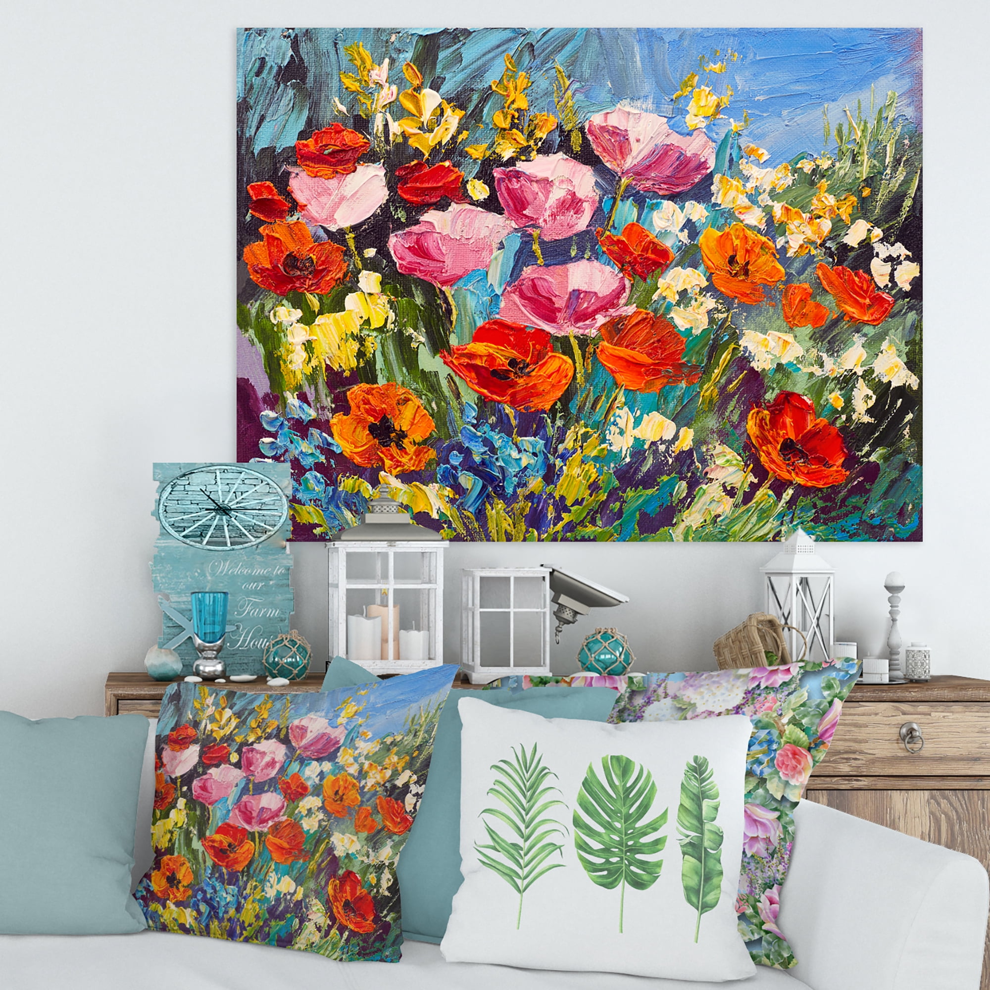 Designart ' Colorful Spring Poppies In Field ' Traditional Canvas Wall Art Print