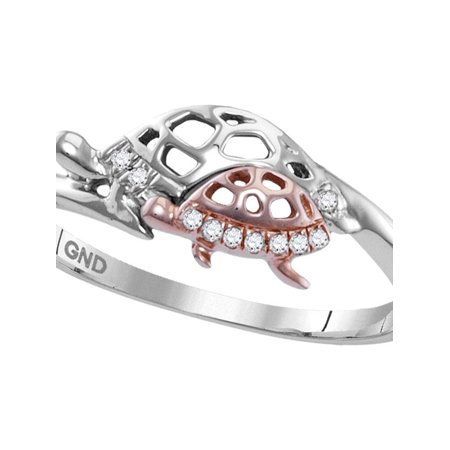 Silver Round Turtle - Sterling Silver Womens Round Diamond Rose Turtle Animal Band Ring 1/20 Cttw