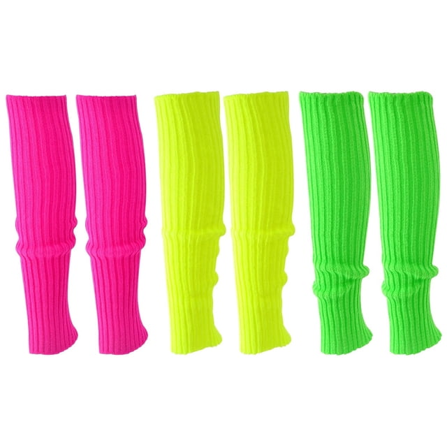 WDFCN 3 piezas 80s 90s neón verde amarillo rosa conjunto de puños de pierna banda para el sudor medias de neón puños de punto pulseras de diadema para correr para carnaval baile aeróbicos