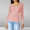 thumbnail image 2 of Long Sleeve Lace Shirts Round Neck Tunic Shirts Rib Knit Hollow Out Slim Fit Blouses 2026 Casual Pullovers Pink,M, 2 of 6