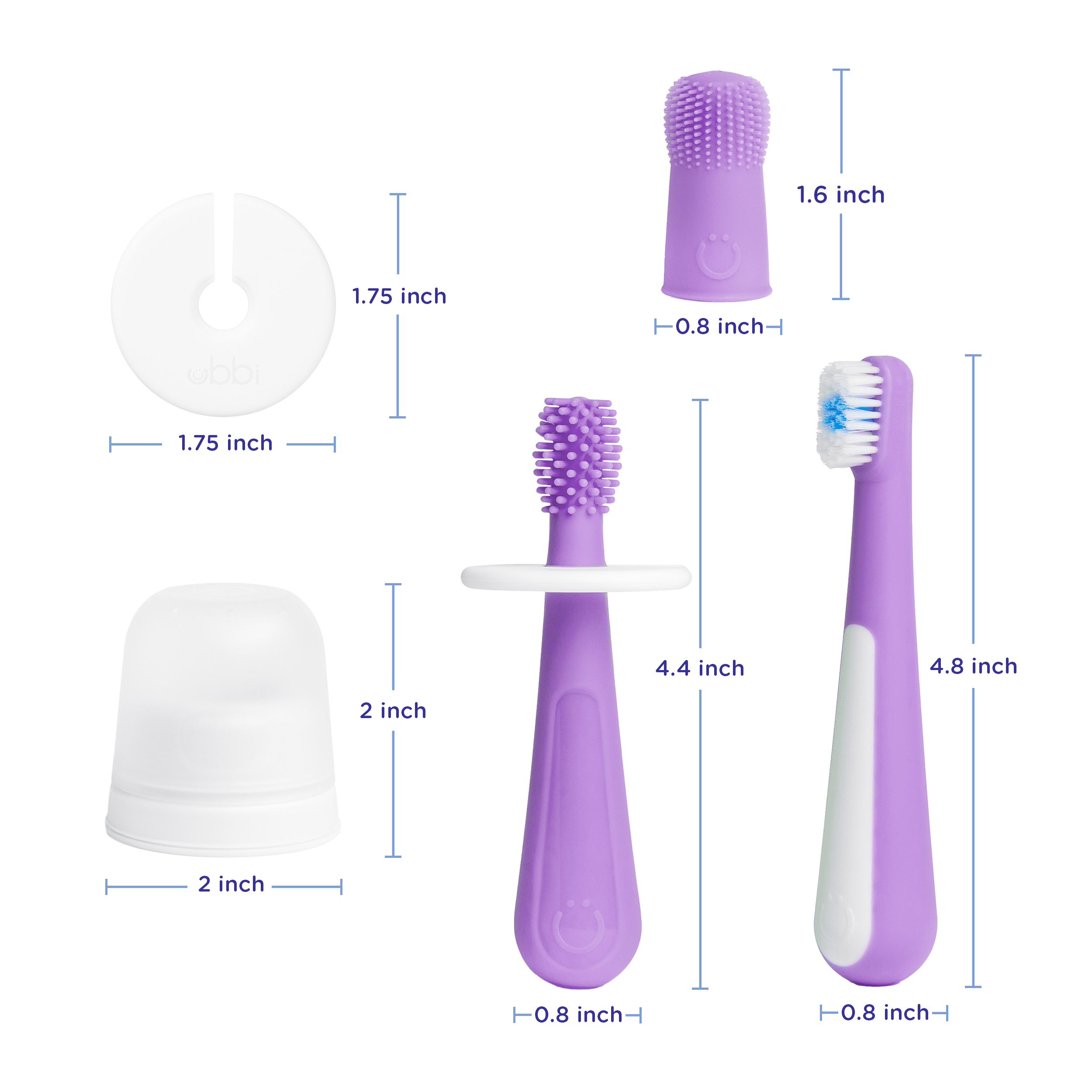 Ubbi 3 pcs Toothbrush Training Set for Babies and Toddlers, Includes Silicone Finger Brush, 360° and Soft Bristled Toothbrush, Smoothie Purple