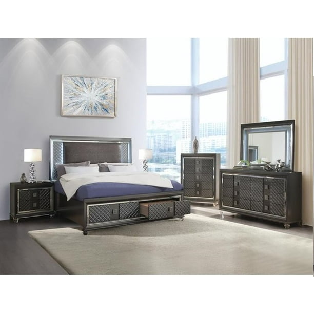 4pc Metallic Gray Contemporary Bedroom Furniture Queen Size Storage Bed Com 4pc Metallic Gray Contemporary Bedroom, Gray Queen Storage Bedroom Set