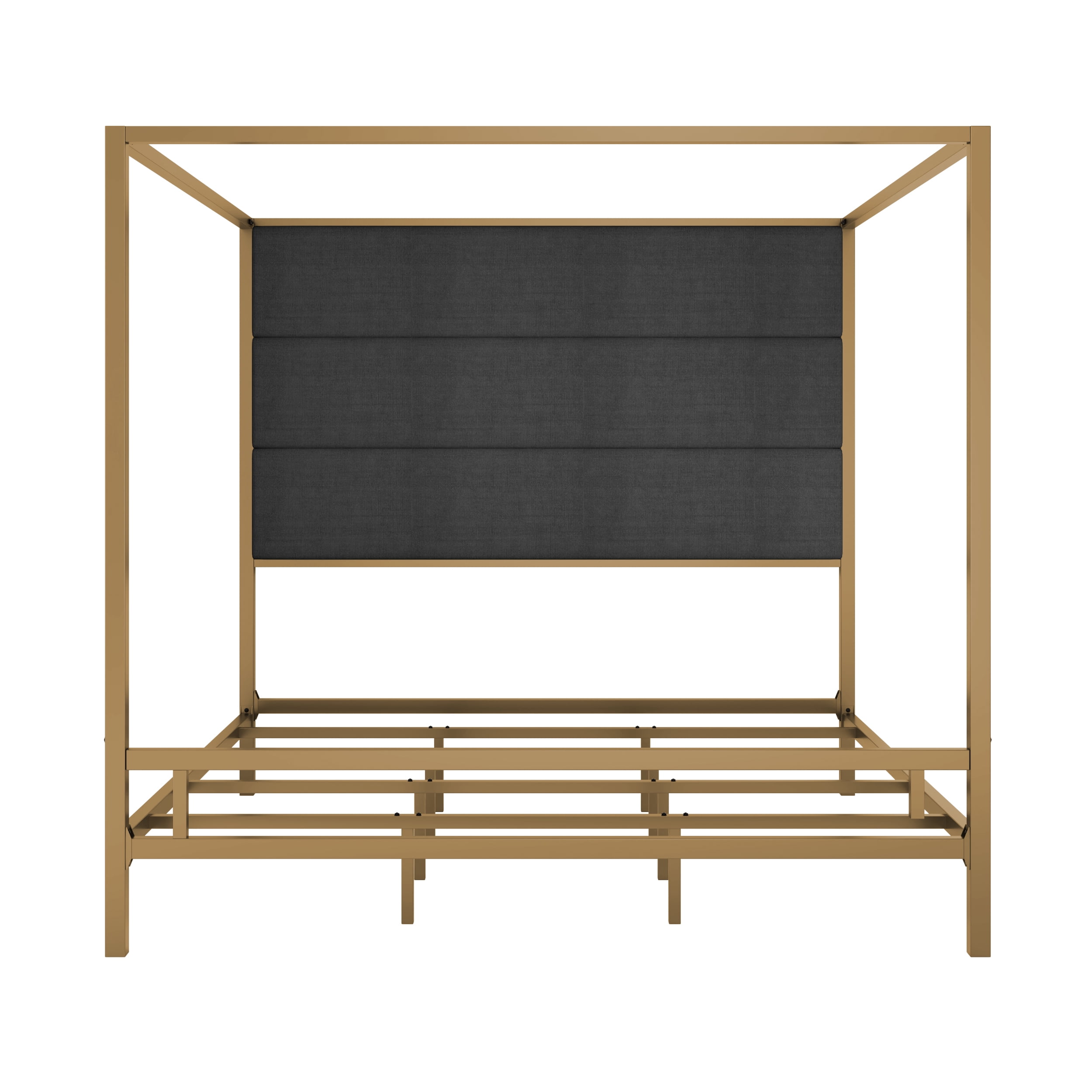 Euroco Metal King Size Canopy Bed with Linen Fabric Upholstered Headboard, 4-Poster Platform Bed, No Box Spring Needed, Gold