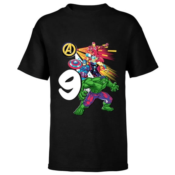 Marvel Super Heroes Avengers 9 Year Old Ninth Birthday - Short Sleeve T-Shirt for Kids - Customized-Black