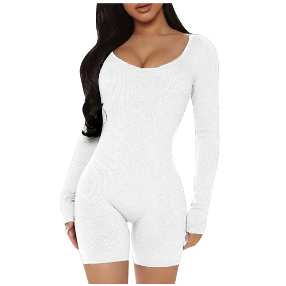 Jumpsuits for Women Yoga Long Sleeve Scoop Neck Ribbed Workout Sport Slim Fit Jumpsuit Catsuit Bodysuit for Women
