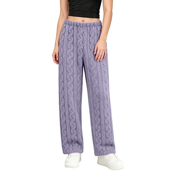 Kaemgyyd Women's Pajama Pants Elastic Waist Fleece Pj Bottoms Texture Loungewear Trousers Comfy Soft Straight Leg Pants(Purple,One Size)
