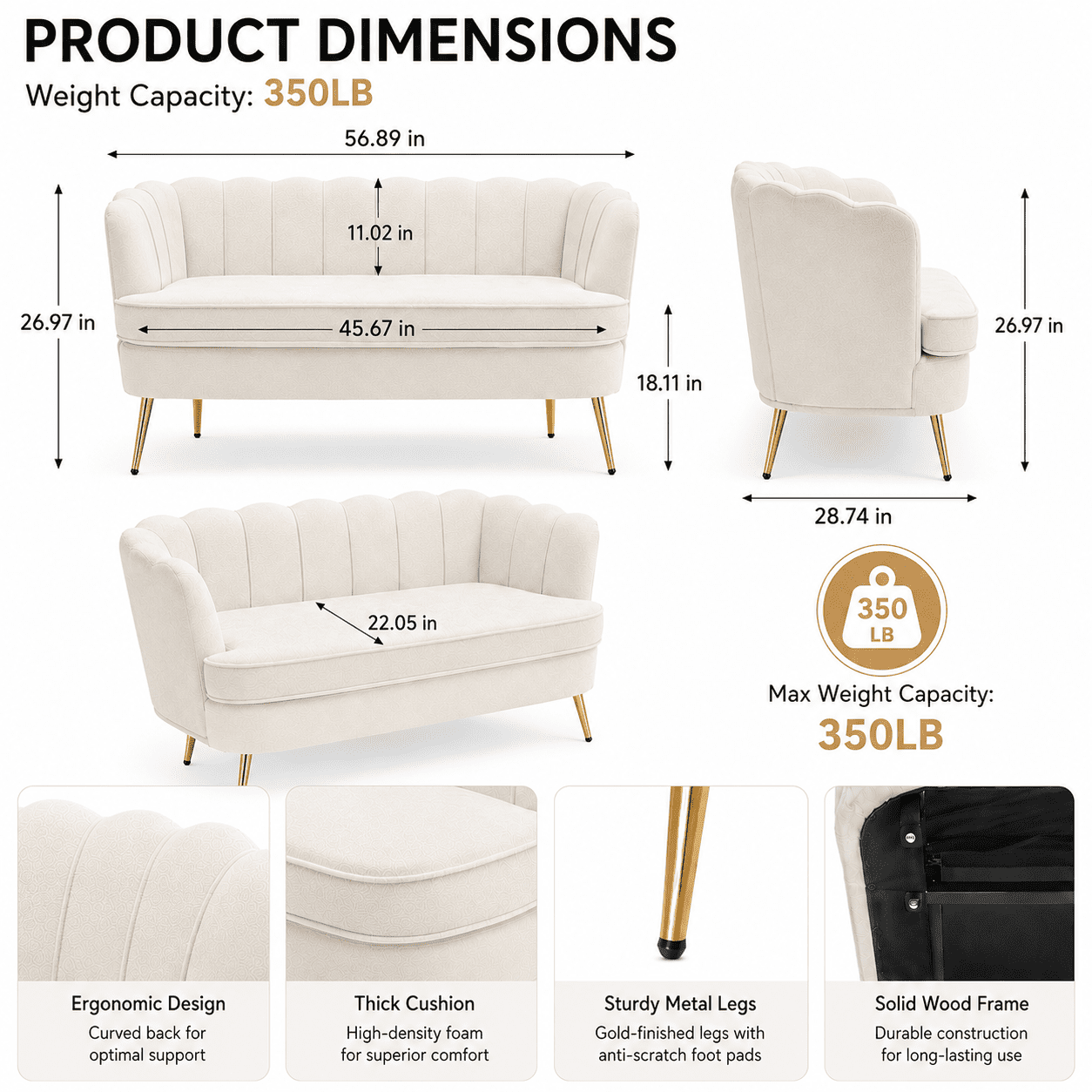 MOONMISS Scallop Tufted Loveseat,Premium Chenille Fabric 2-Seater Sofa with Gold Metal Legs,Curved Back for Living Room/Bedroom,Beige