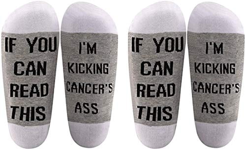 LEVLO Funny Cancer Awareness Fighter Socks If You Can Read This I'm Kicking Cancer's Ass Cotton Socks Cancer Survivor Gift (2 Pairs/Set - Ankle - 1)