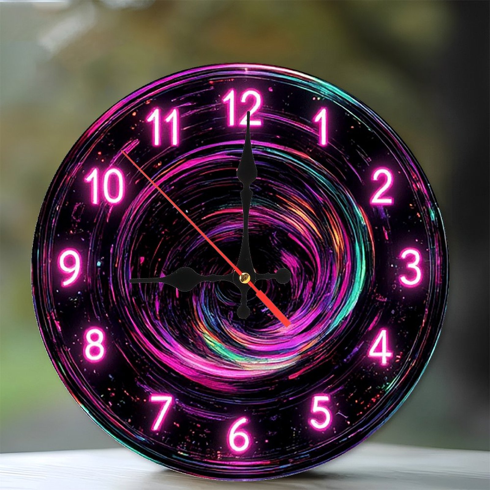 Neon Clock Wall Art Pink Starry Spiral 10 Inch Silent Wooden Wall Clock, Battery Operated (AA