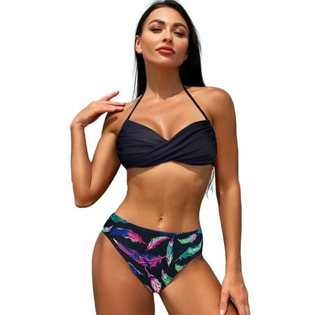 Fjuchai Women Halter Swimsuits Set 2PCS Adjustable Straps Swimwear Top + Triangle Shorts Bikini Bathing Suit Outfit