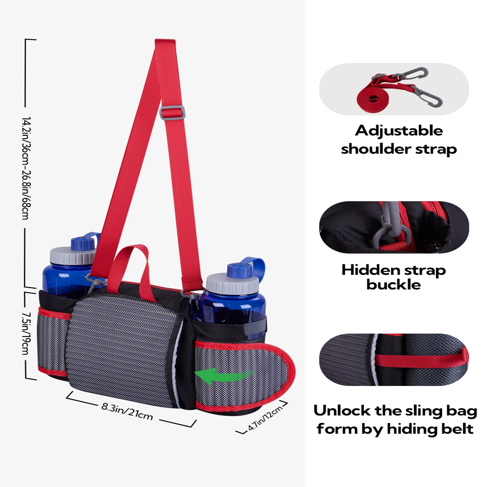 WATERFLY Unisex Large Capacity Hiking with Bottle Holder Nylon Fanny Pack Waist Bag,Black Red