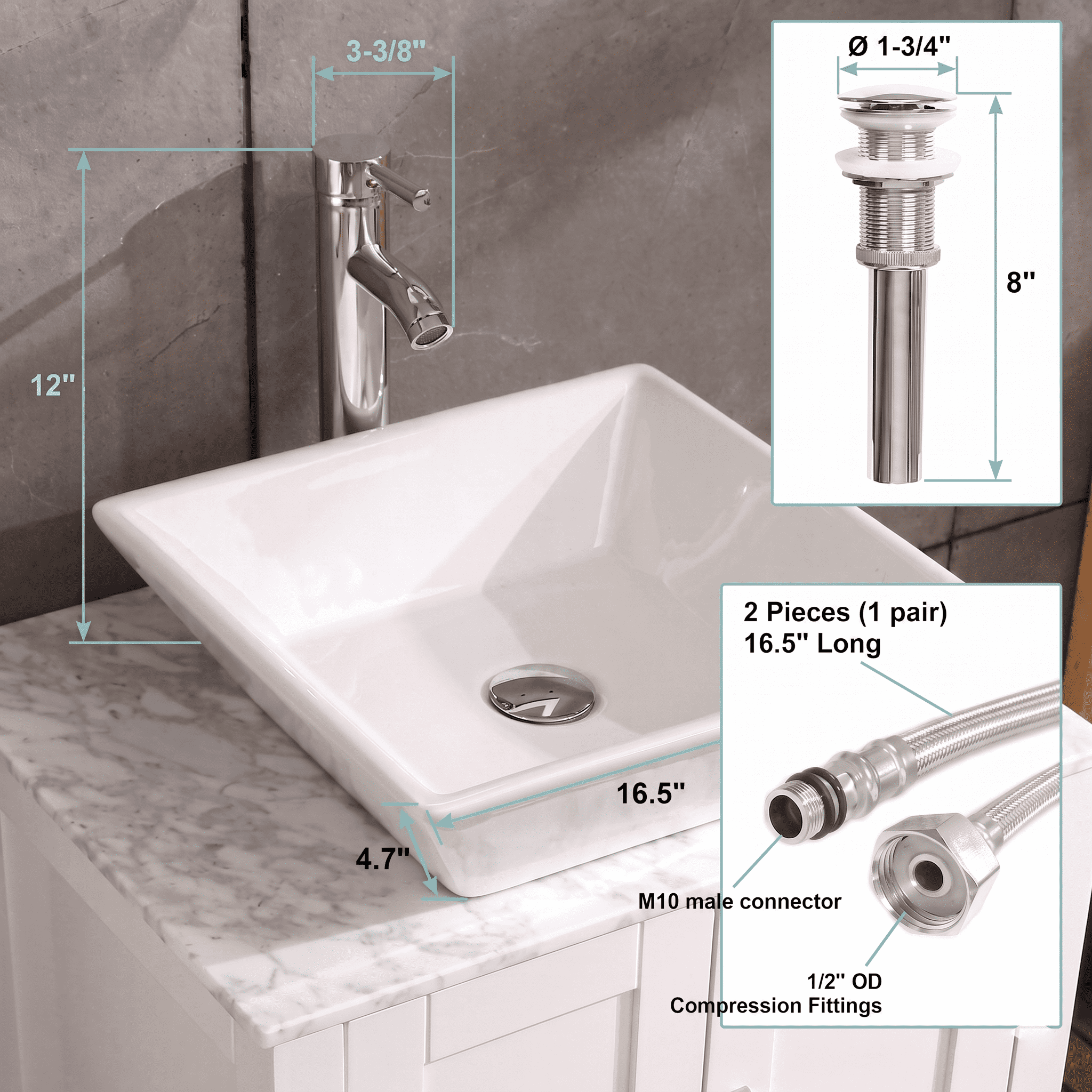 16x16 Inch Square Ceramic Vessel Sink with Faucet and Pop-Up Drain, White Porcelain Bathroom Vanity Sink and Countertop Basin Set