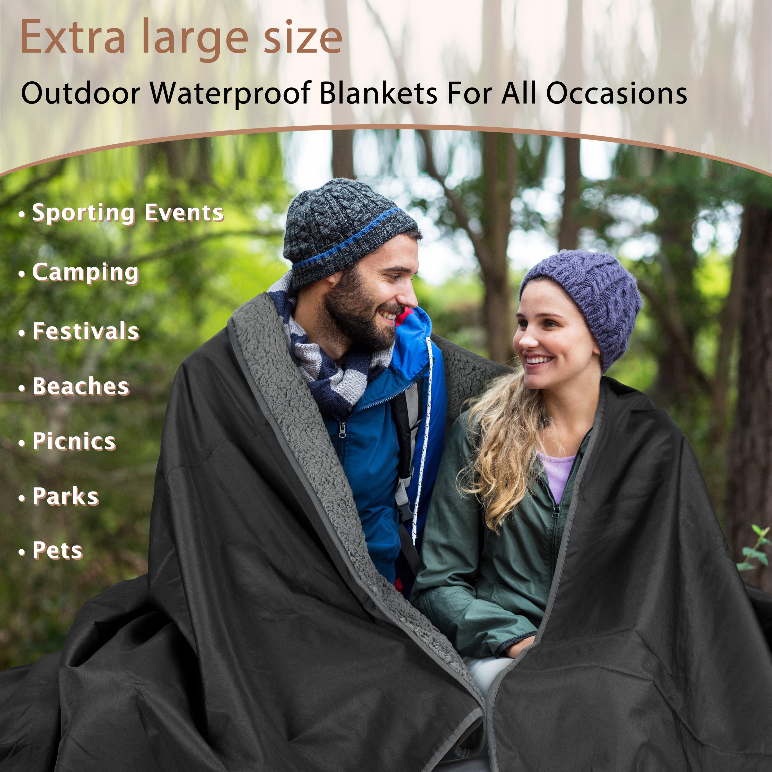 Tirrinia Waterproof Outdoor Blanket with Sherpa Lining, Windproof, Triple-Layered, Warm, Comfy, and Foldable Fleece Blanket for Camping, Stadiums, and Pets, Black/Grey, Extra Large Size: 66'' x 90''