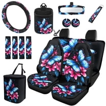 Uorisanigo Blue Butterfly 15Pcs Car Seat Covers Font Rear Set with Steering Wheel Cover,Seatbelt Pads,Car Trash Can,Air Vent Pouch,Rearview Mirror Cover,Car Coasters,Interior Accessories Set