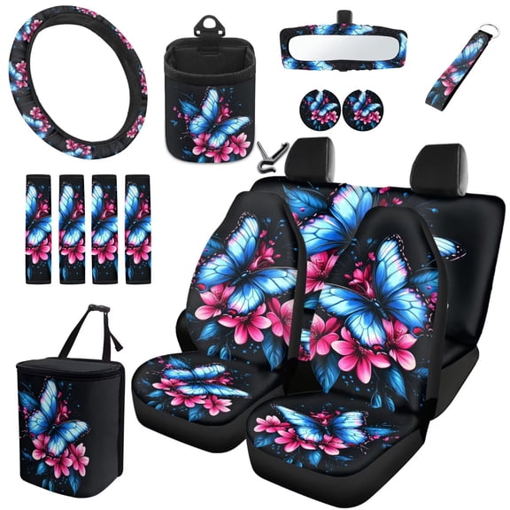 Uorisanigo Blue Butterfly 15Pcs Car Seat Covers Font Rear Set with Steering Wheel Cover,Seatbelt Pads,Car Trash Can,Air Vent Pouch,Rearview Mirror Cover,Car Coasters,Interior Accessories Set
