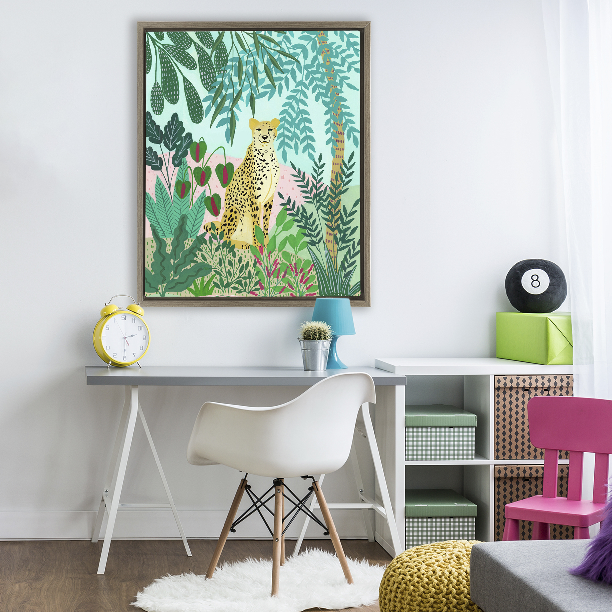 Stoic Leopard Tropical Forest Brown Framed Floater Canvas Wall Art, design by Nabeela Rumi