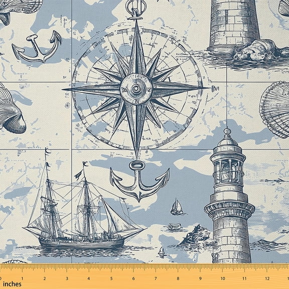 jejeloiu Ocean Nautical Fabric by the Yard 1 Yard,Retro Sailboat Lighthouse Home Decor Fabric by the Yard,Vintage Ship Anchor Sewing Fabric For Child,Ultra Soft Home Decor