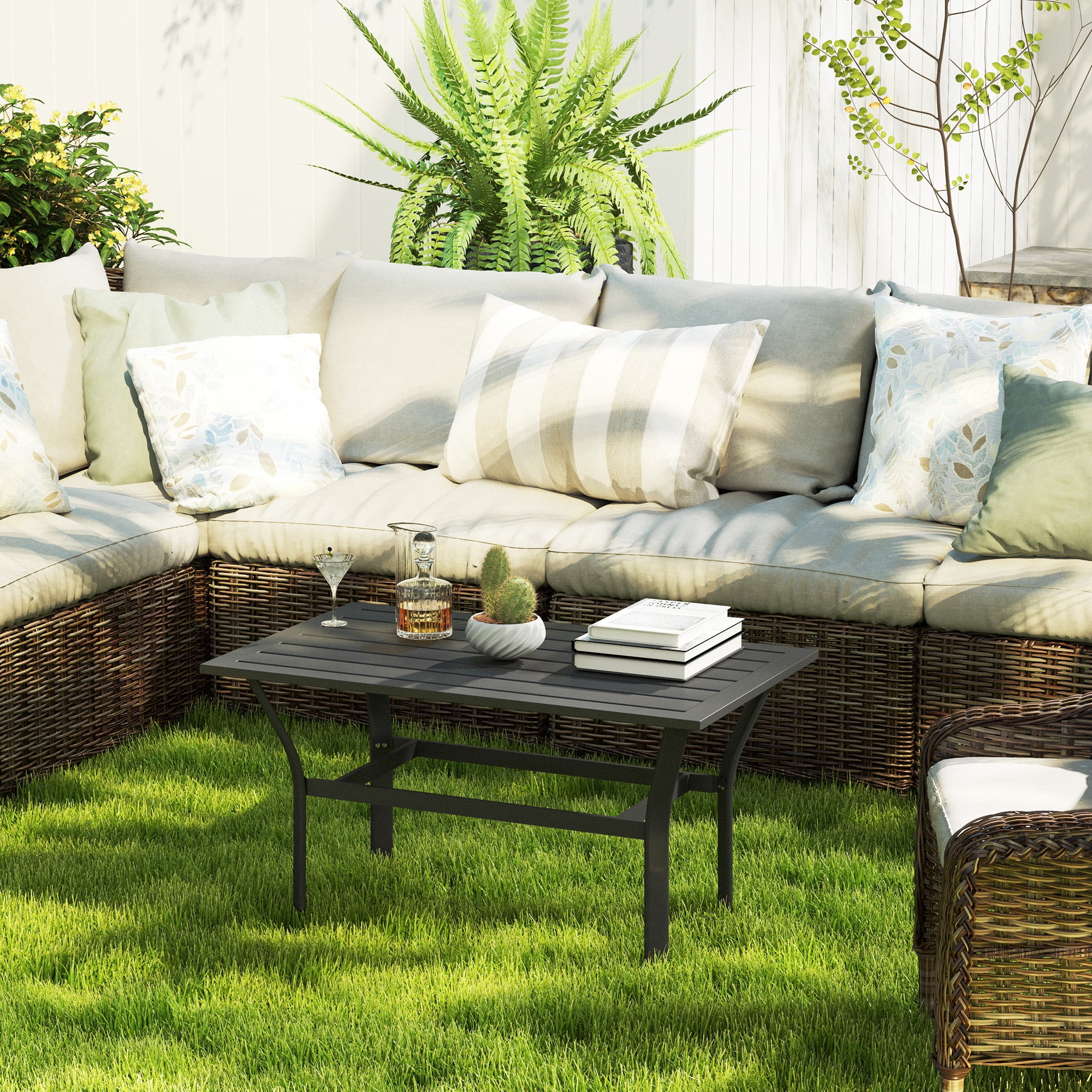Outsunny Outdoor Coffee Table, All-Weather Rectangle Patio Coffee Table with Slatted Tabletop for Outside, Patio, Black