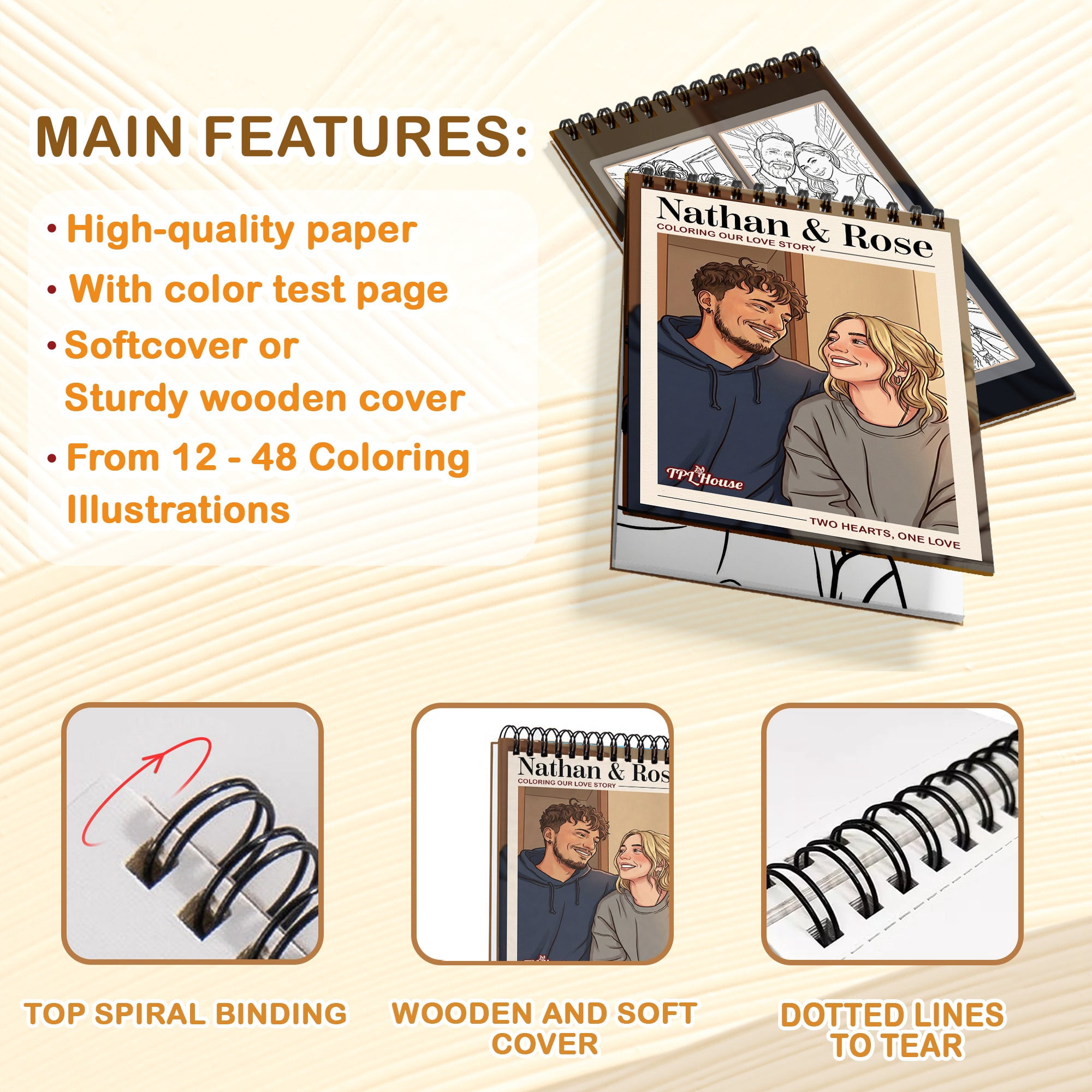 Personalized Couple Memory Coloring Book for Adults – Custom Coloring Pages from Your Photos , 12–48 Pages, Keepsake for Newlyweds, Premium Wooden Cover, Spiral Binding