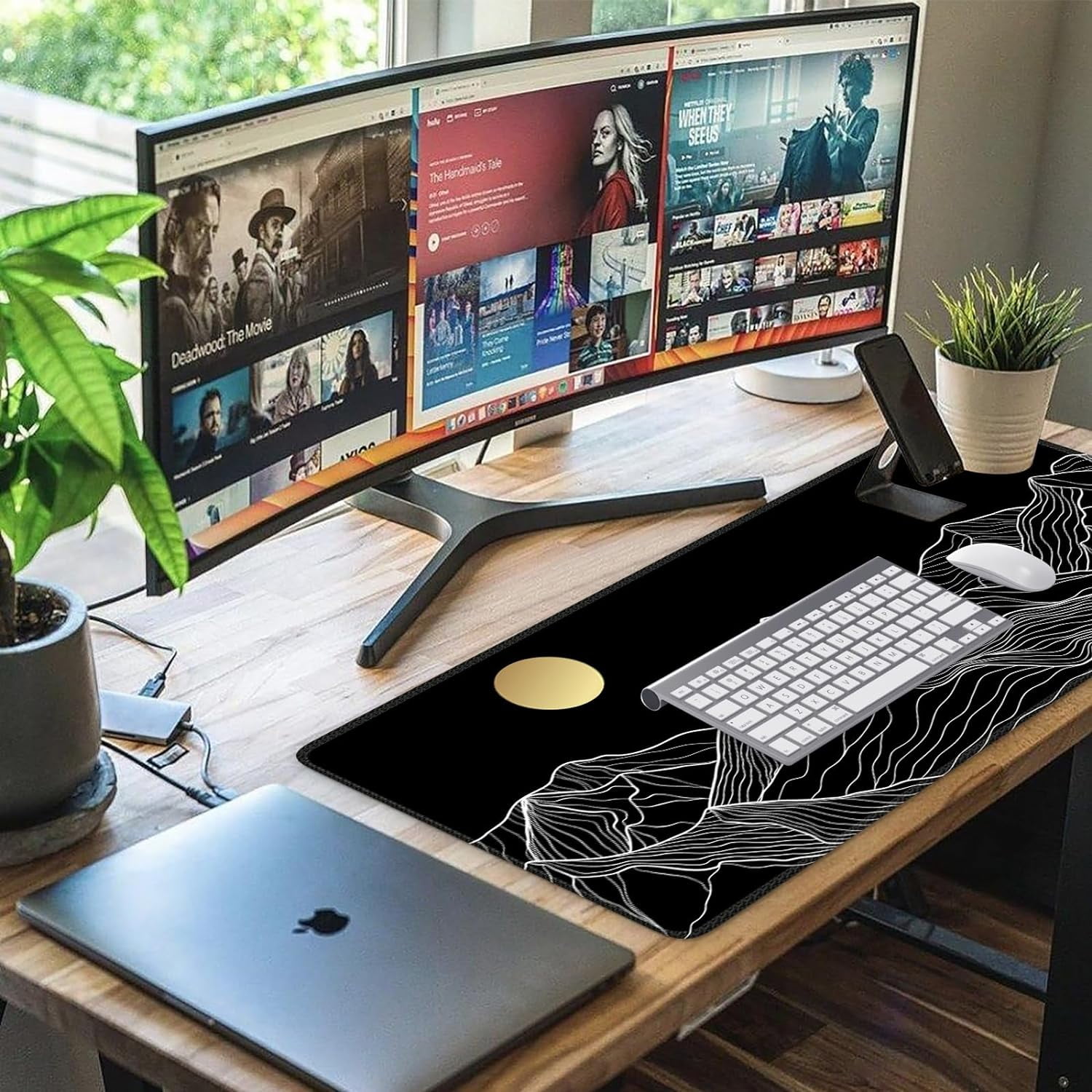 Gaming Mouse Pad (35.4x15.7 in), Large Stable Rubber Base Mousepad with Stitched Edges, Keyboard Mouse Mat Desk Pad for Work, Game, Office, Home (Mountain-White)