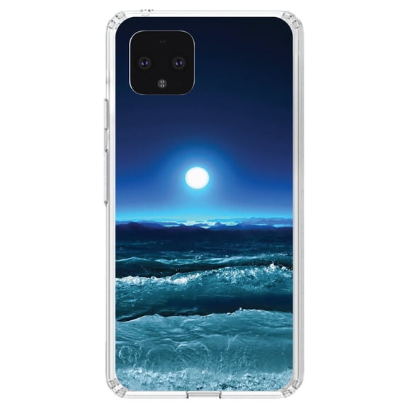 DistinctInk Clear Shockproof Hybrid Case for Google Pixel 4 (5.7" Screen) - TPU Bumper, Acrylic Back, Tempered Glass Screen Protector - Moonlit Ocean Waves