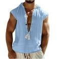 thumbnail image 2 of Lovskoo Men's Linen Shirts Casual Button Down Sleeveless Hooded Shirt V-Neck Loose Button Cotton And Linen Summer Blouse Tank Tops Light Blue, 2 of 7