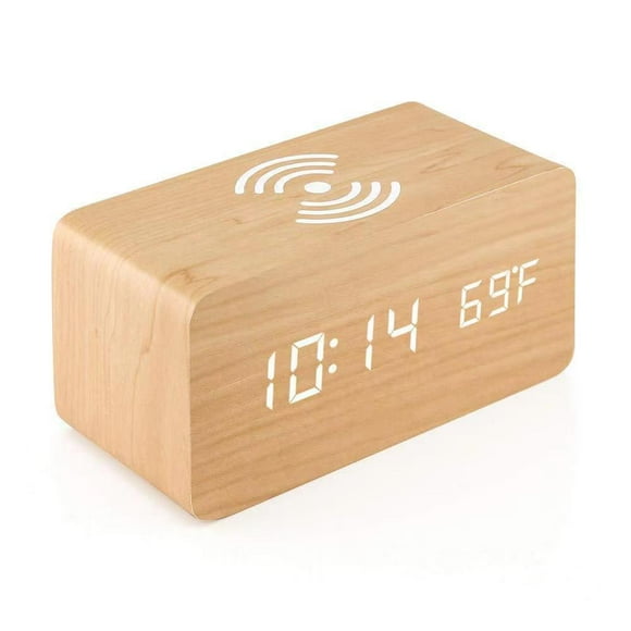 Wooden Alarm Clock with Wireless Charging Pad Compatible with for Iphone Samsung Wooden LED Digital Clock Sound Control Function,Date Time for Office - Wood,16*7*7cm