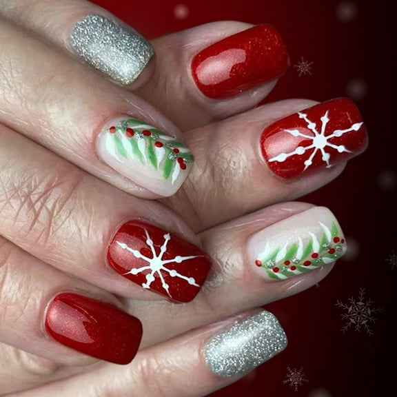 Christmas Themed Press On Nails Set Of 24 Glitters French Tip Snowflake Designs Easy Application Durability ABS Nails