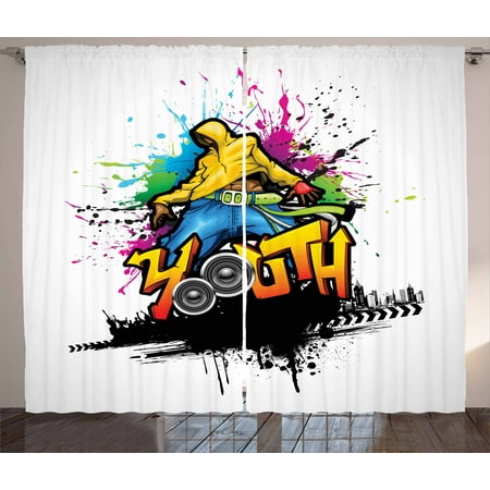 Colorful Bedroom Curtains Youth Curtains 2 Panels Set, Young Man Hip Hop Culture Graffiti Art and Street Culture Performer Colorful Grunge, Window Drapes for Living Room Bedroom, 108W X 63L Inches, Multicolor, by Ambesonne ()