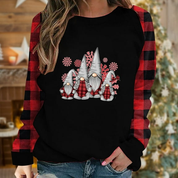 DailyTrove Women's Christmas Gnome-Print Sweatshirt with Plaid Sleeves, Festive Outerwear for Holiday Gatherings & Casual Wear for women