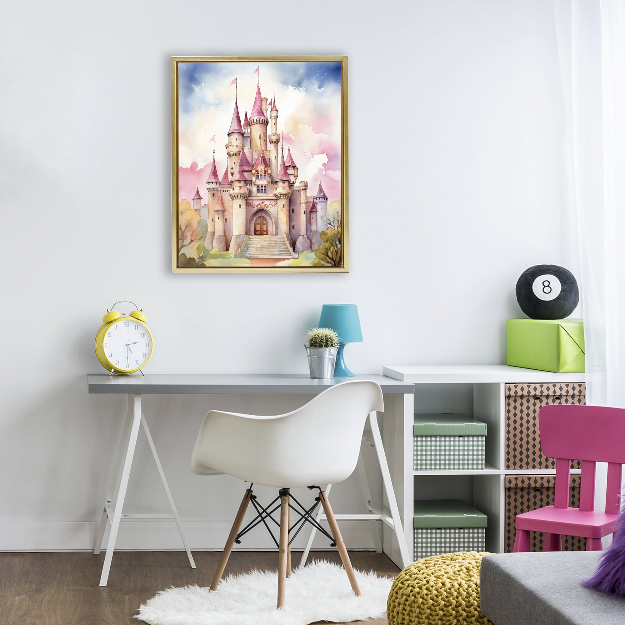 Stupell Industries Princess Castle Watercolor Portrait Gold Framed Floater Canvas Wall Art, design by Creative Studio